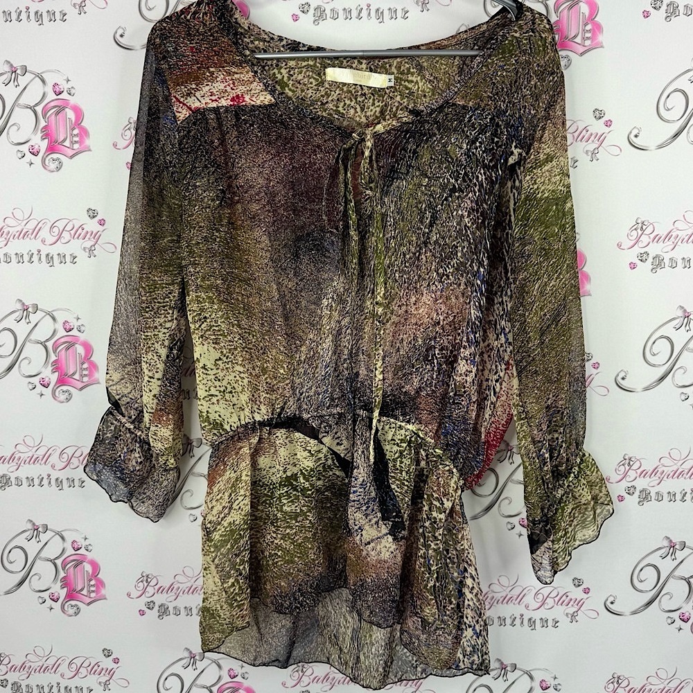 Freebird Multicolor Blouse with Tie Detail spotted loose flowy bubble sleeves